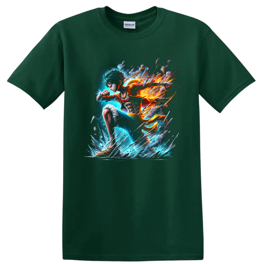 Monkey D. Luffy Gear 5-inspired anime warrior with fire, blue energy, and ice shards on a Forest Green T Shirt