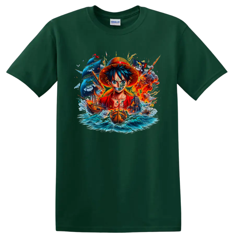 Monkey D. Luffy anime pirate graphic with ships, ocean waves, and fiery action on a Forest Green T Shirt