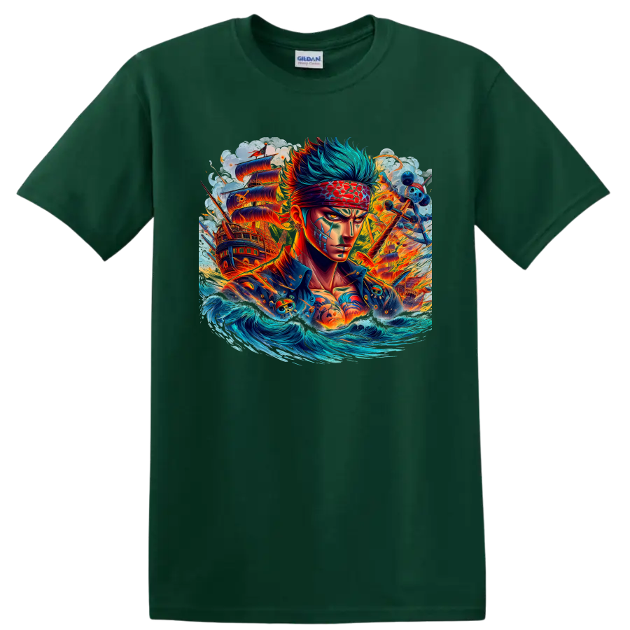 Roronoa Zoro anime pirate portrait with ships, crashing waves, and fiery energy on a Forest Green T Shirt