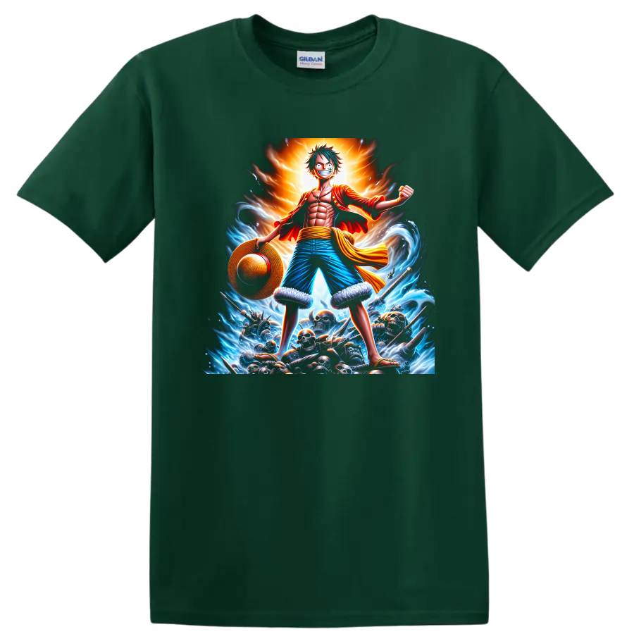 Monkey D. Luffy One Piece pirate battle graphic with waves, straw hat, and glowing aura on a Forest Green T Shirt