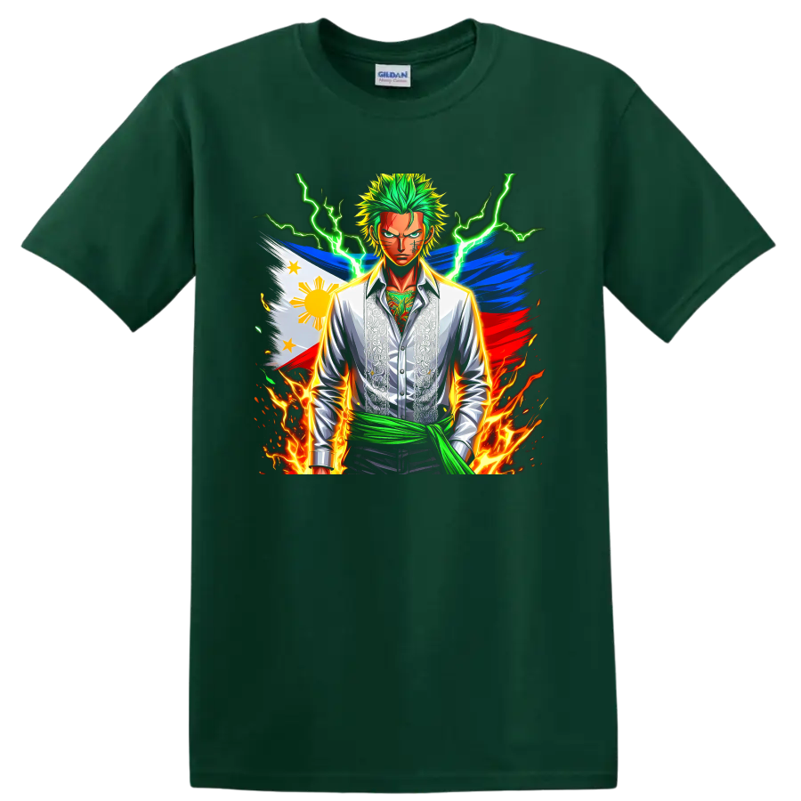 Roronoa Zoro anime graphic with Philippine flag, green lightning, and flames on a Forest Green T Shirt