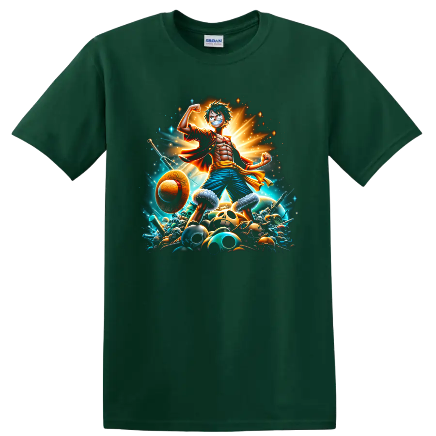 Monkey D. Luffy anime pirate hero graphic with straw hat, swords, skulls, and radiant on a Forest Green T Shirt