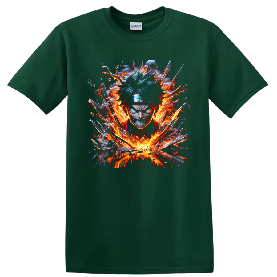 Naruto Uzumaki fiery anime ninja portrait with blue-toned hair and explosive battle art on a Forest Green T Shirt