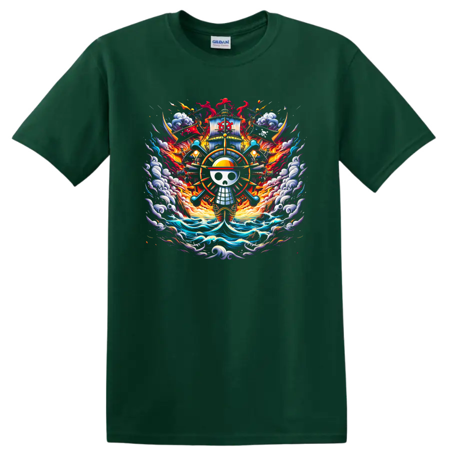 One Piece Straw Hat Pirates skull emblem with ship, waves, and fiery anime art on a Forest Green T Shirt