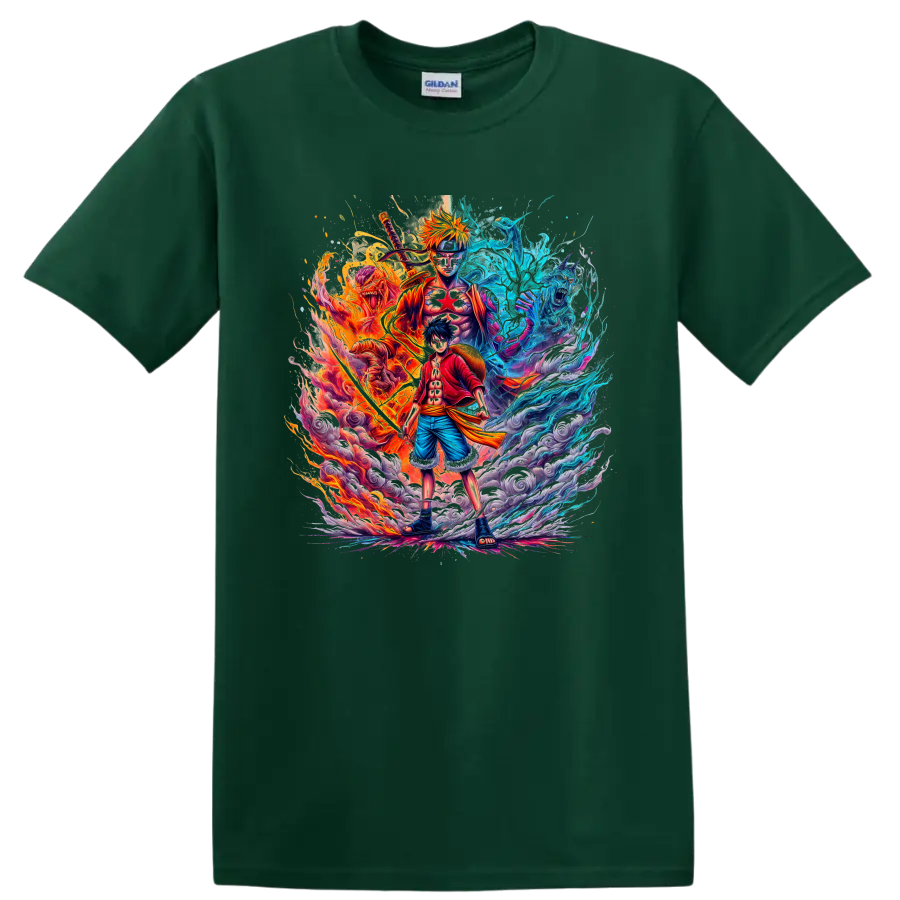 Monkey D. Luffy and Naruto Uzumaki fire and water anime graphic art on a Forest Green T Shirt