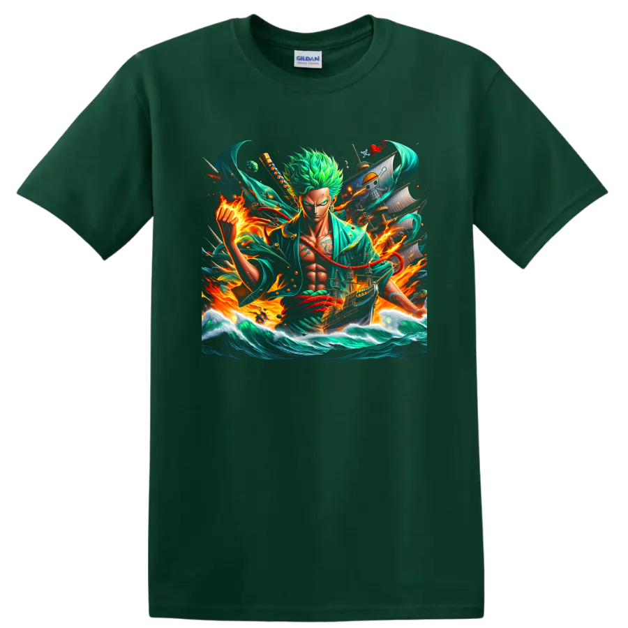 Roronoa Zoro anime swordsman with pirate ship, ocean waves, and fiery energy on a Forest Green T Shirt