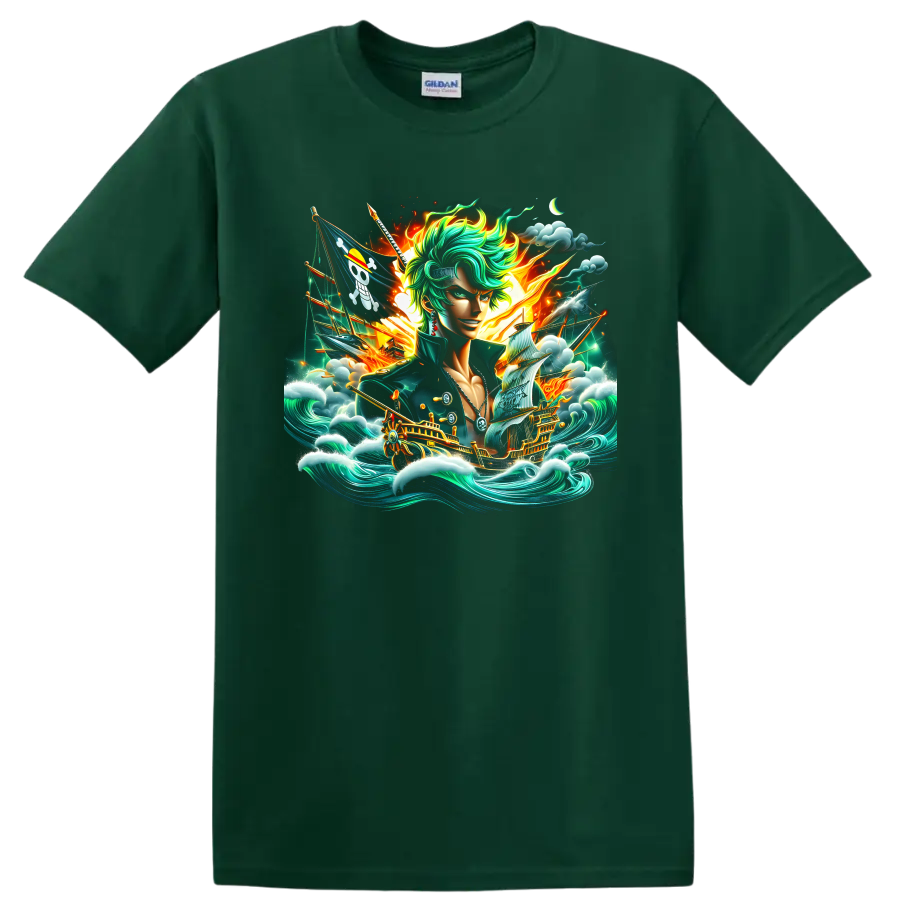 Roronoa Zoro anime fantasy art with pirate ships, ocean waves, clouds, and fiery light on a Forest Green T Shirt