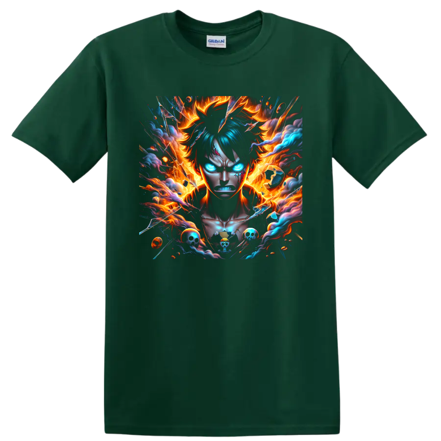 Monkey D. Luffy Gear 5 anime portrait with flames, blue energy, and pirate skulls on a Forest Green T Shirt