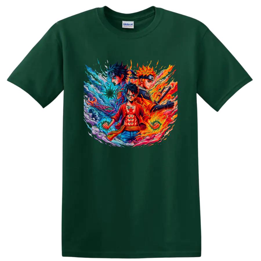 Monkey D. Luffy, Naruto Uzumaki and Sasuke Uchiha in fiery anime energy art on a Forest Green T Shirt