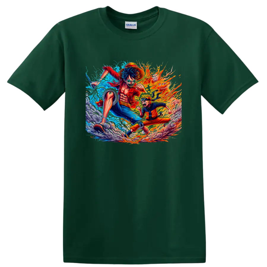 Monkey D. Luffy and Naruto Uzumaki in fiery water anime battle artwork on a Forest Green T Shirt