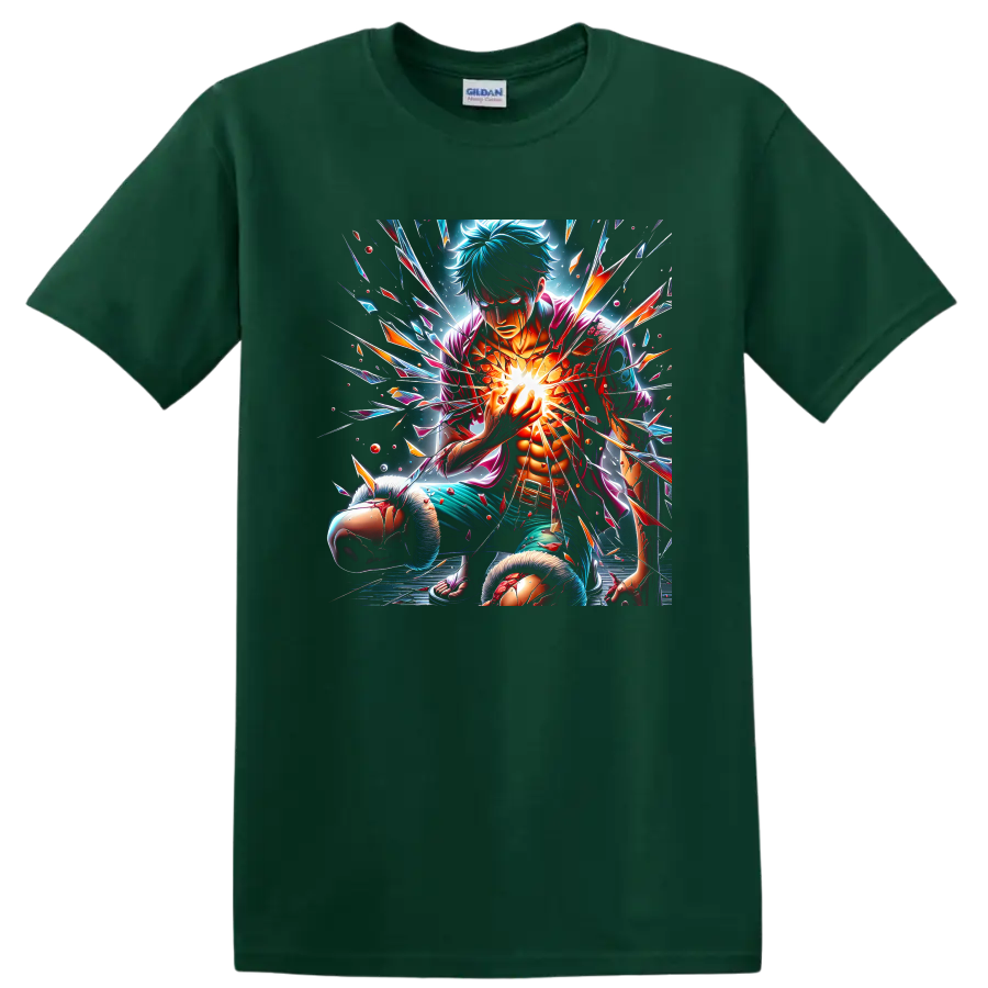 Monkey D. Luffy energy burst with shattered-glass anime action art on a Forest Green T Shirt