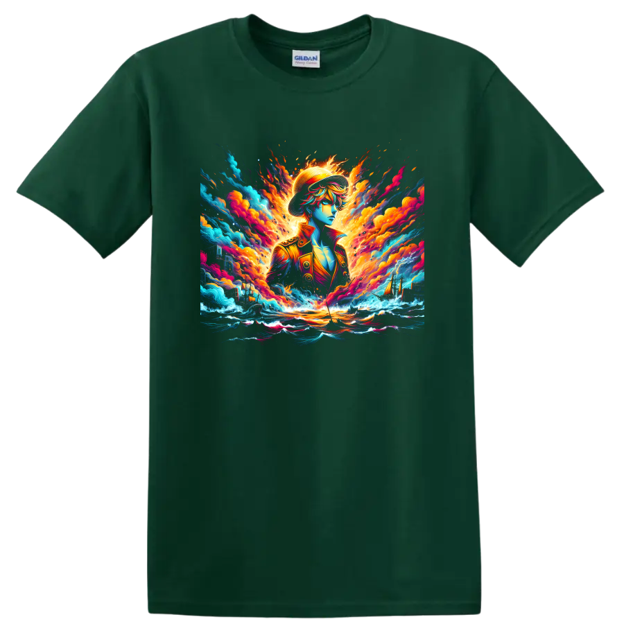 Monkey D. Luffy anime pirate in fiery ocean waves and colorful sailing ship art on a Forest Green T Shirt