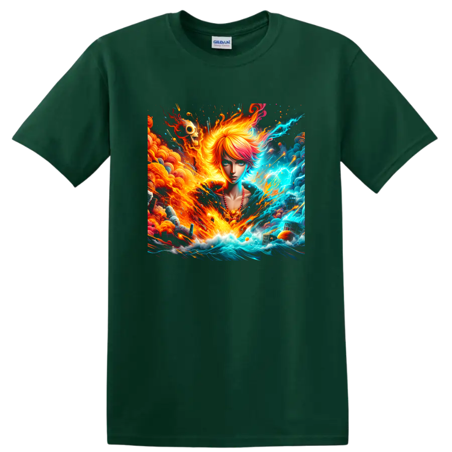 Anime-style fantasy girl with fiery waves, electric ocean energy, and surreal skull art on a Forest Green T Shirt