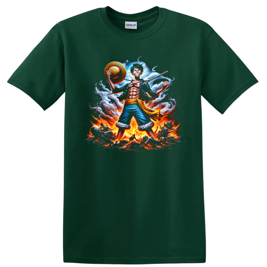 Monkey D. Luffy Gear 5 anime battle art with straw hat, sword, smoke, and flames on a Forest Green T Shirt