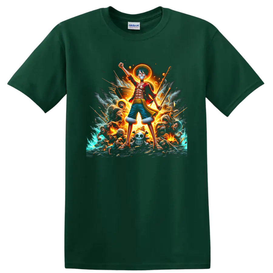 Monkey D. Luffy with a sun halo in a fiery pirate battle anime graphic on a Forest Green T Shirt