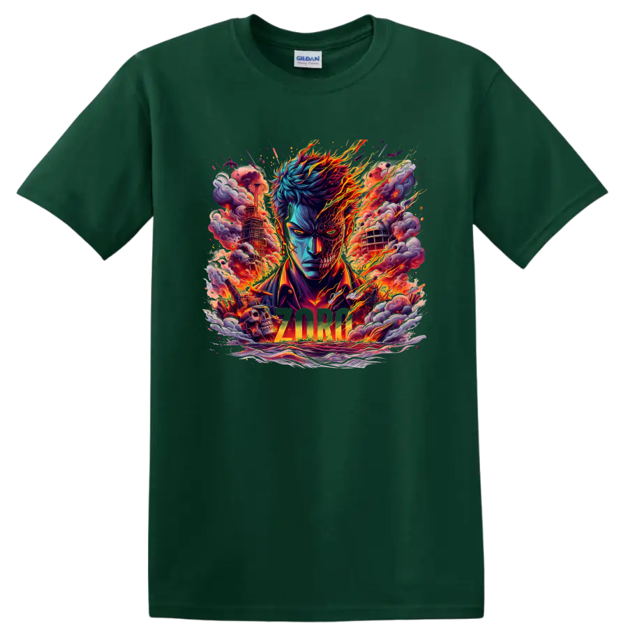 Roronoa Zoro fiery anime swordsman graphic with flames, smoke, swords, and ZORO text on a Forest Green T Shirt