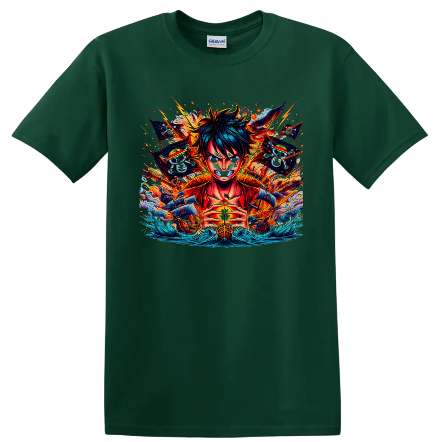 Monkey D. Luffy anime pirate graphic with ships, skull flags, fire, and ocean waves on a Forest Green T Shirt