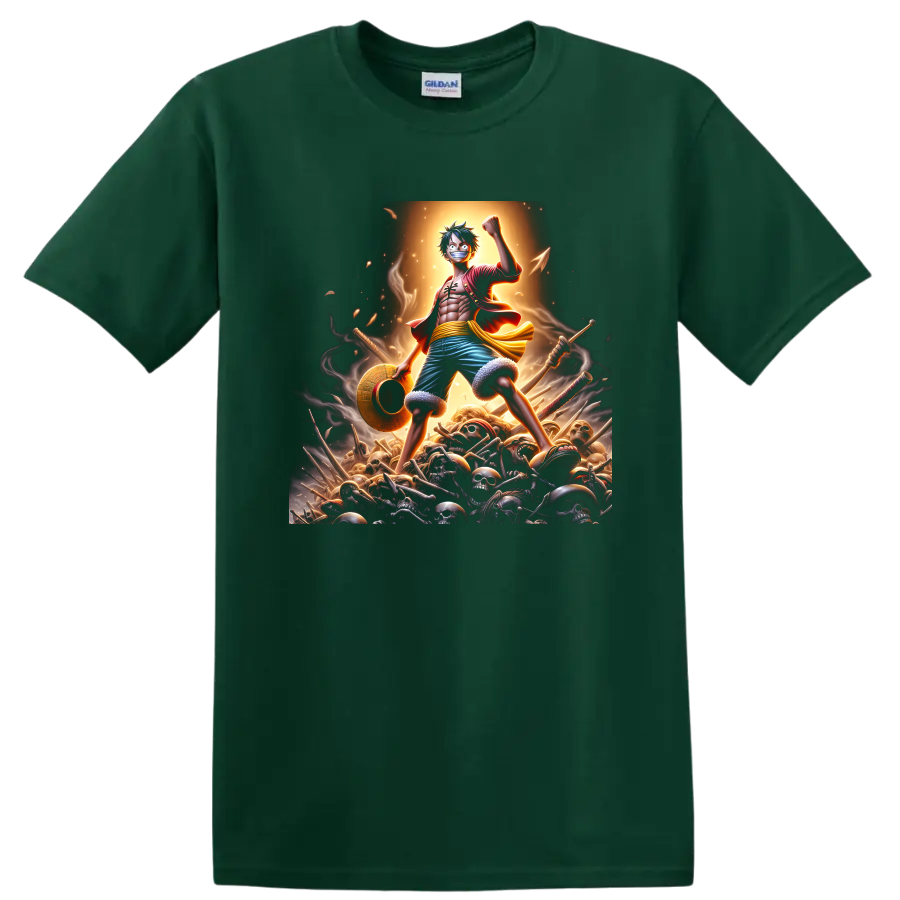 Monkey D. Luffy anime warrior graphic with raised fist, straw hat, swords, and skulls on a Forest Green T Shirt