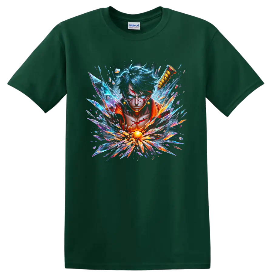 Monkey D. Luffy Gear 5 Sun God Nika anime portrait with explosive crystal shards on a Forest Green T Shirt