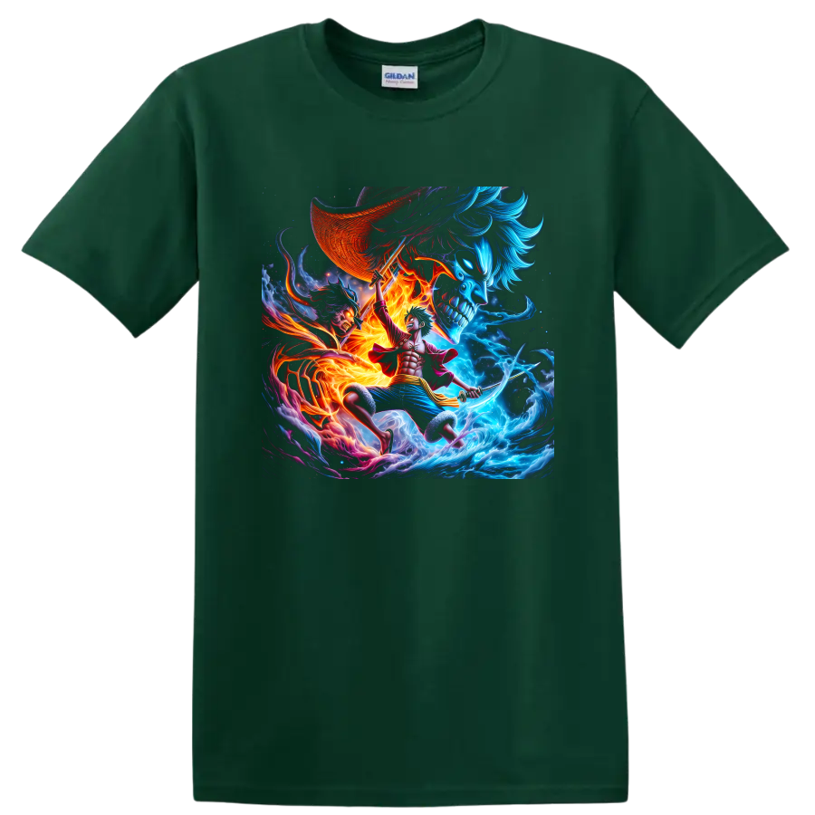 Monkey D. Luffy Gear 5 anime pirate battle graphic with fiery waves and skull imagery on a Forest Green T Shirt