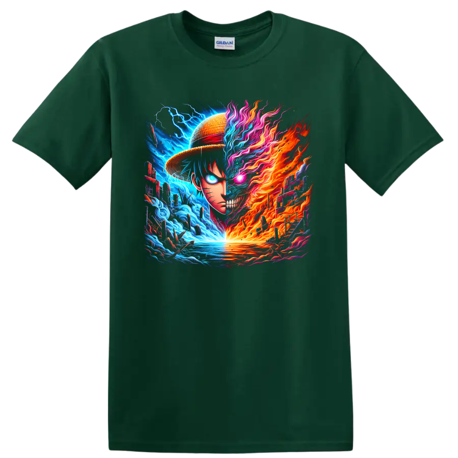 Naruto Uzumaki and Monkey D. Luffy split fire and water anime battle artwork on a Forest Green T Shirt
