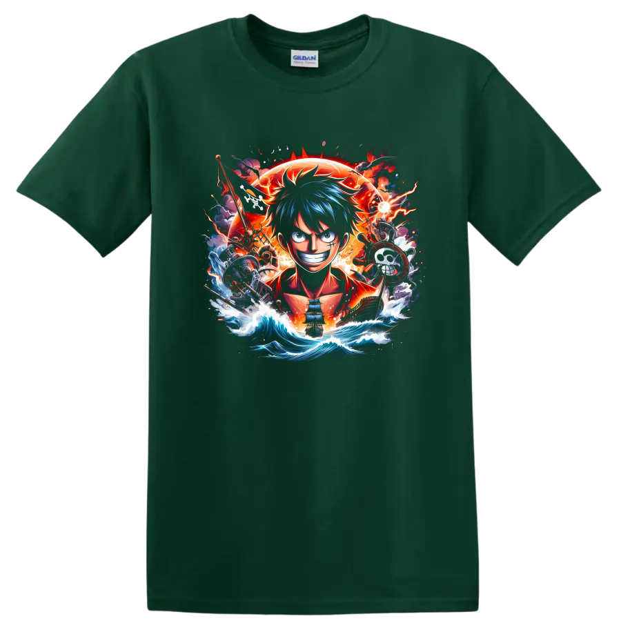 Monkey D. Luffy anime pirate graphic with ship, blazing sun, lightning, and ocean waves on a Forest Green T Shirt