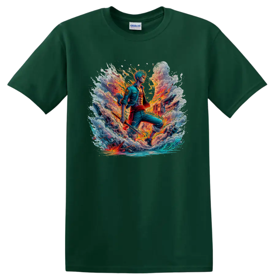 Roronoa Zoro anime swordsman amid fire, storm clouds, ocean waves, and ships on a Forest Green T Shirt