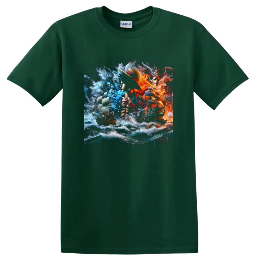 Monkey D. Luffy anime pirate art with storm waves, sailing ships, and fiery skull scene on a Forest Green T Shirt