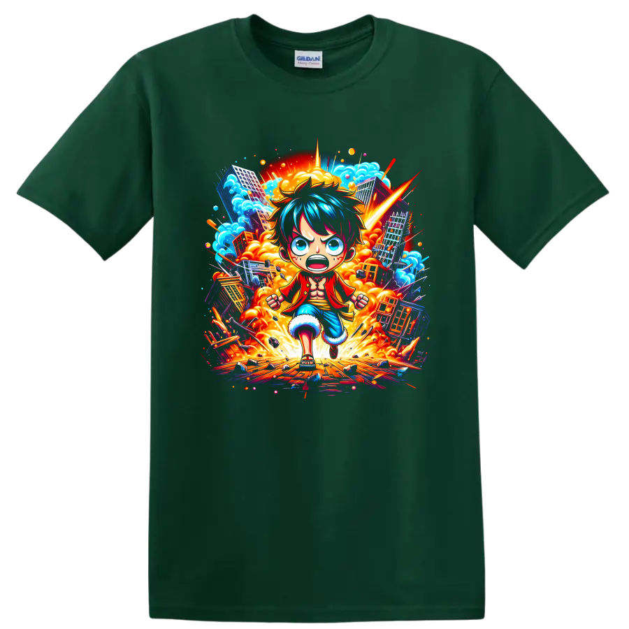 Monkey D. Luffy running through an explosive city in vivid anime action art on a Forest Green T Shirt