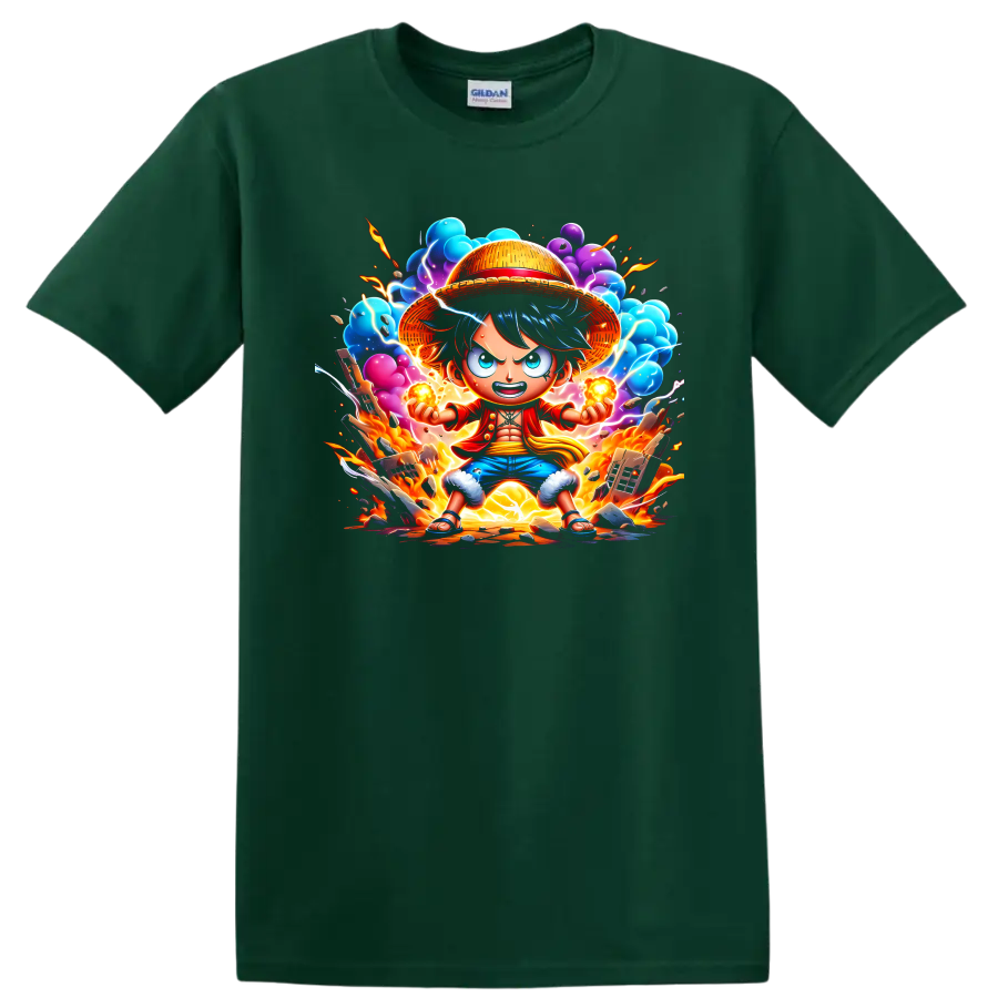 Monkey D. Luffy straw hat anime action graphic with fire, lightning, and colorful clouds on a Forest Green T Shirt