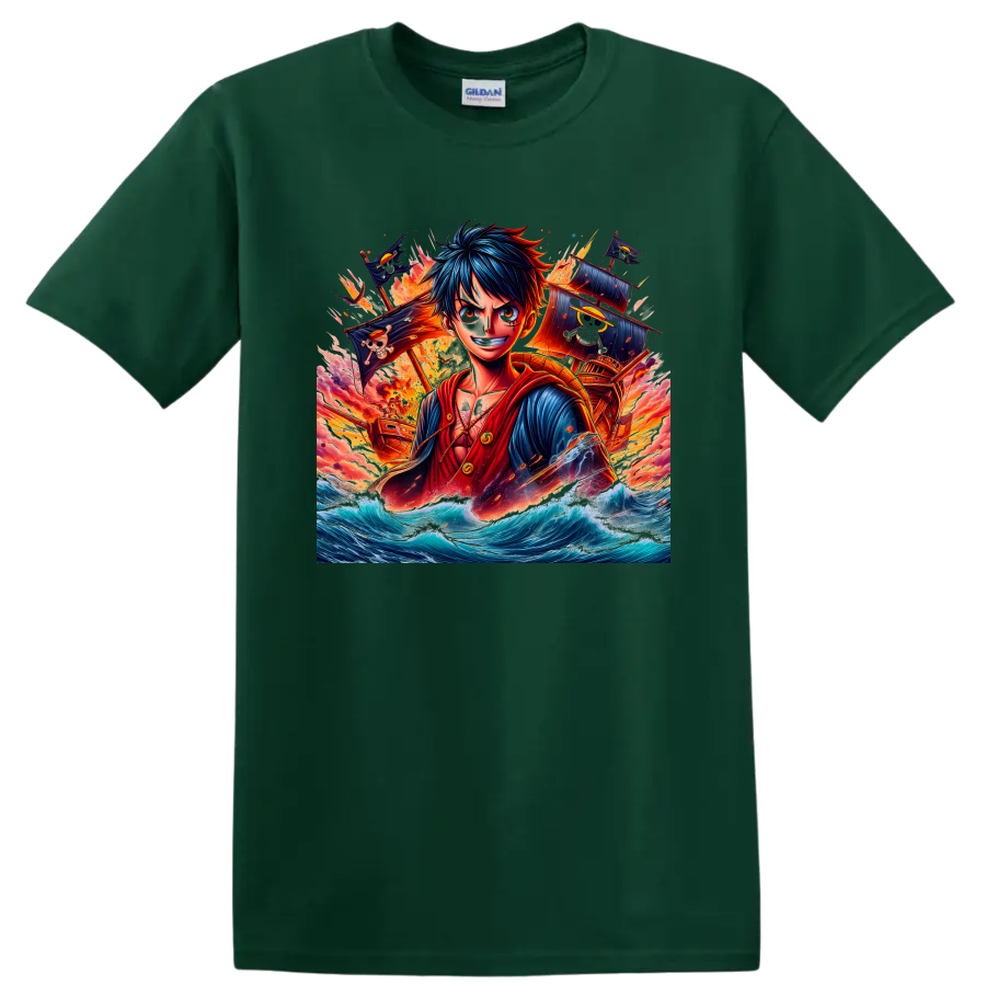 Monkey D. Luffy anime art with pirate ships, Jolly Roger flags, fire, and ocean waves on a Forest Green T Shirt