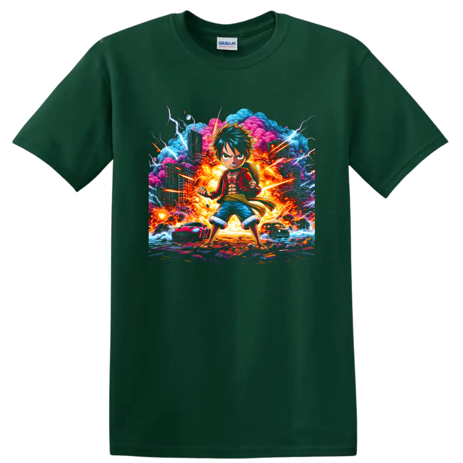 Monkey D. Luffy in explosive city anime art with lightning and fiery clouds on a Forest Green T Shirt