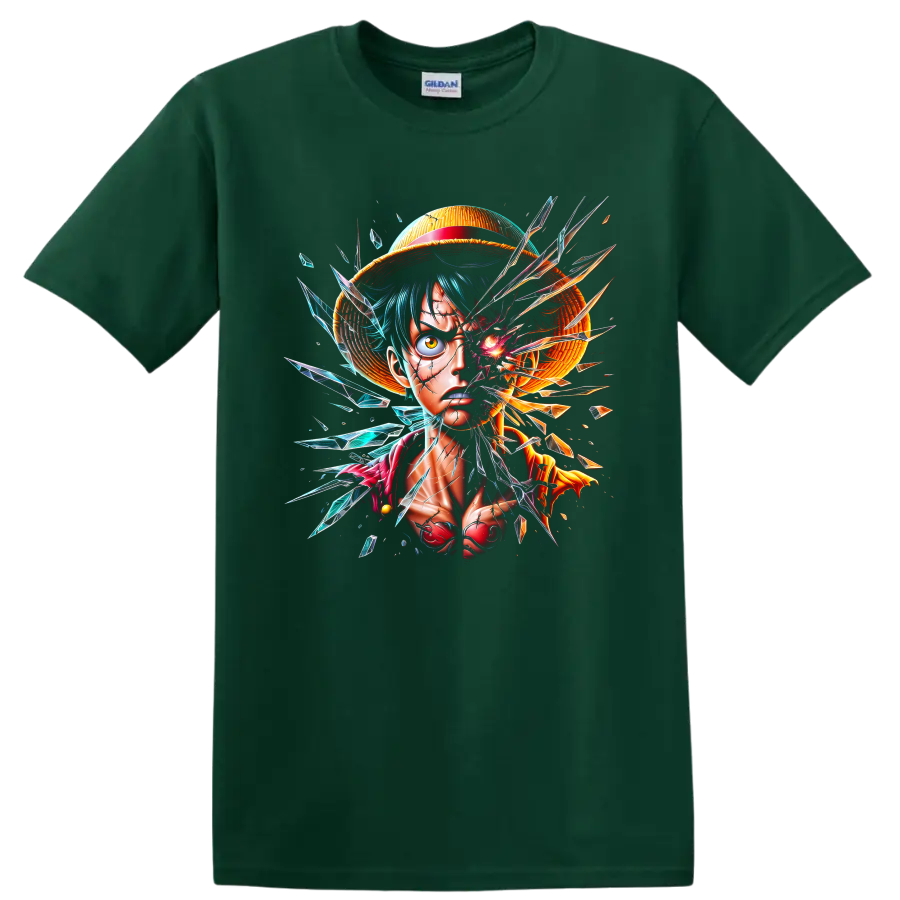 Monkey D. Luffy shattered-glass anime portrait with straw hat and crystal shards on a Forest Green T Shirt