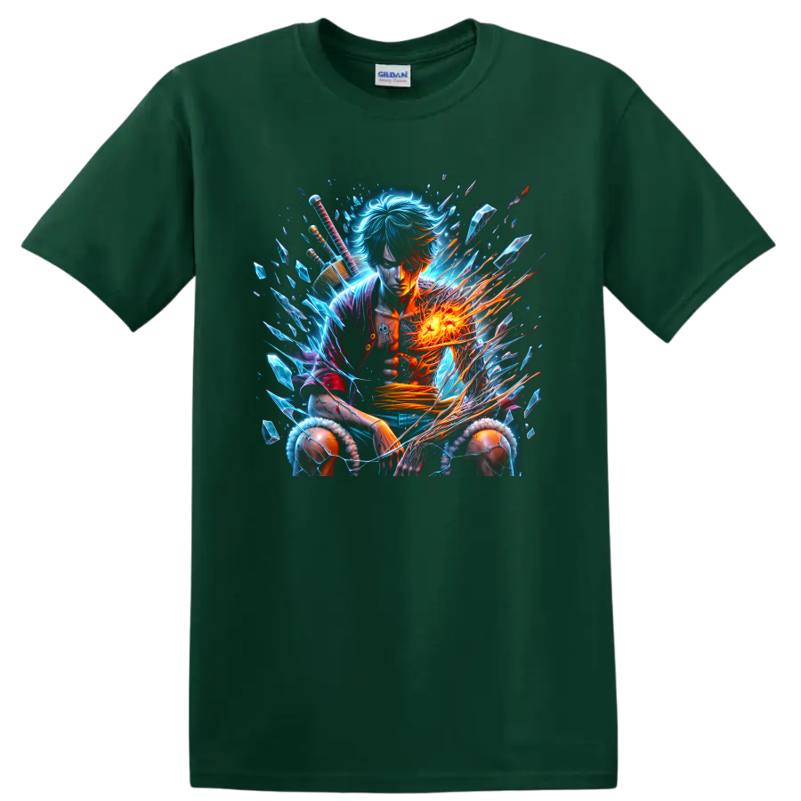 Sanji-inspired anime warrior graphic with blue crystals and blazing fire energy on a Forest Green T Shirt