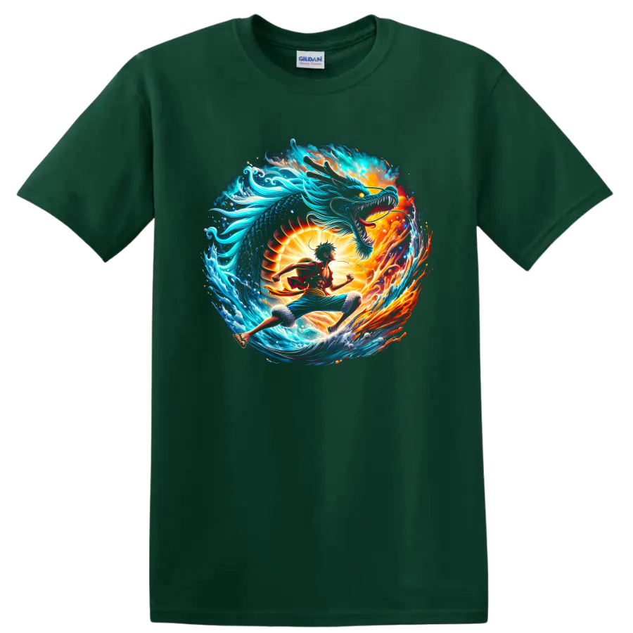 Monkey D. Luffy and Kaido dragon battle in vibrant ocean and fire anime art on a Forest Green T Shirt