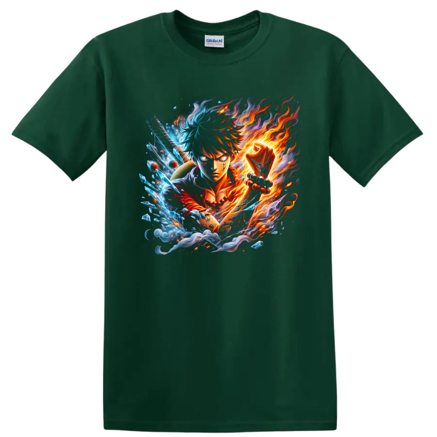 Monkey D. Luffy Gear 5 anime warrior with fiery and icy elemental action art on a Forest Green T Shirt
