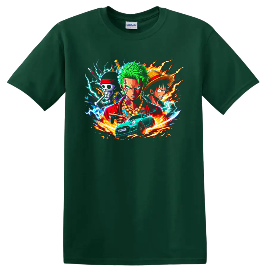 Roronoa Zoro and Monkey D. Luffy anime action graphic with lightning and race car on a Forest Green T Shirt