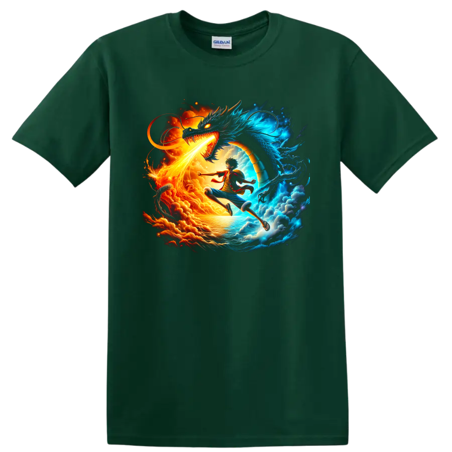 Monkey D. Luffy and Kaido One Piece fire and blue dragon battle graphic on a Forest Green T Shirt