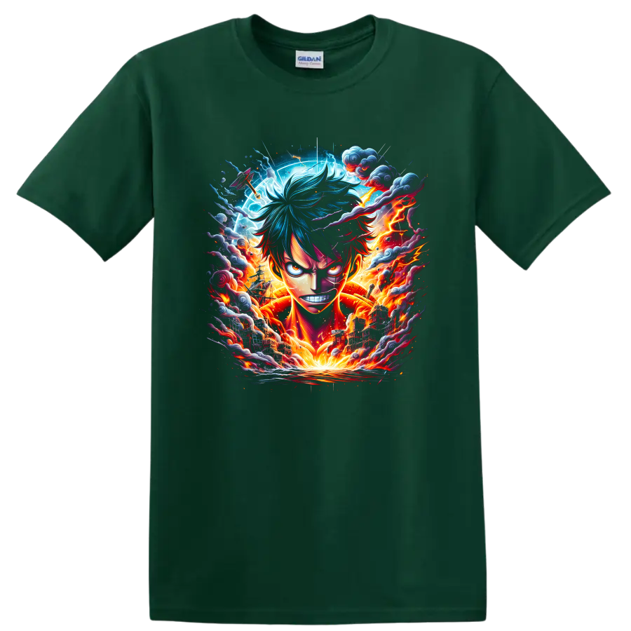 Monkey D. Luffy Bajrang Gun anime graphic with lightning, clouds, and fiery energy on a Forest Green T Shirt