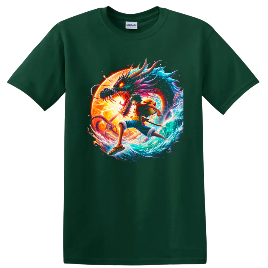 Monkey D. Luffy Gear 5 anime art with a dragon, glowing sun, and ocean waves on a Forest Green T Shirt