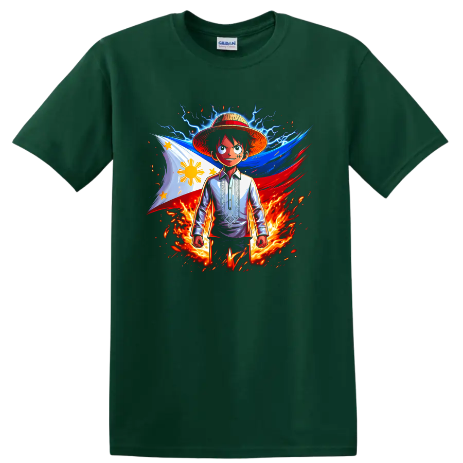 Monkey D. Luffy with Philippine flag, lightning, flames, and dynamic anime art on a Forest Green T Shirt