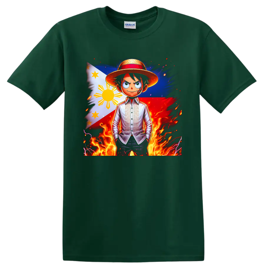 Monkey D. Luffy anime portrait with Philippine flag, straw hat, flames, and lightning on a Forest Green T Shirt