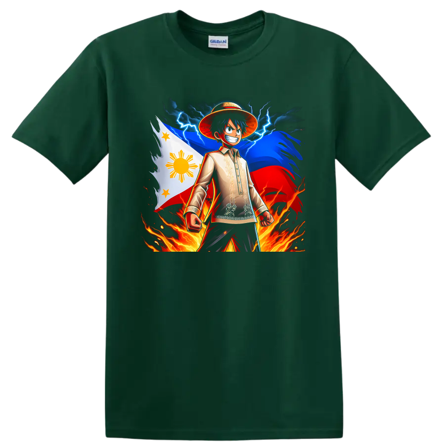 Monkey D. Luffy anime art with Philippine flag, lightning, storm clouds, and flames on a Forest Green T Shirt