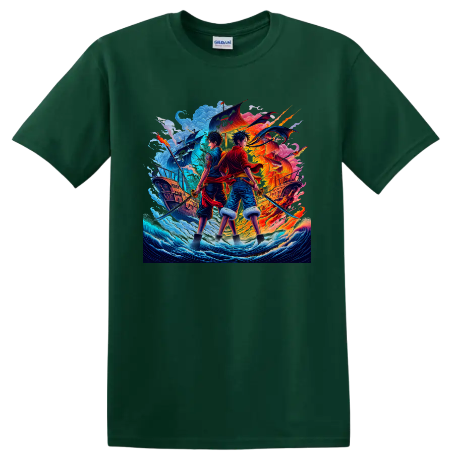 One Piece Luffy and Zoro anime-style pirate swordsmen with ships and ocean waves on a Forest Green T Shirt