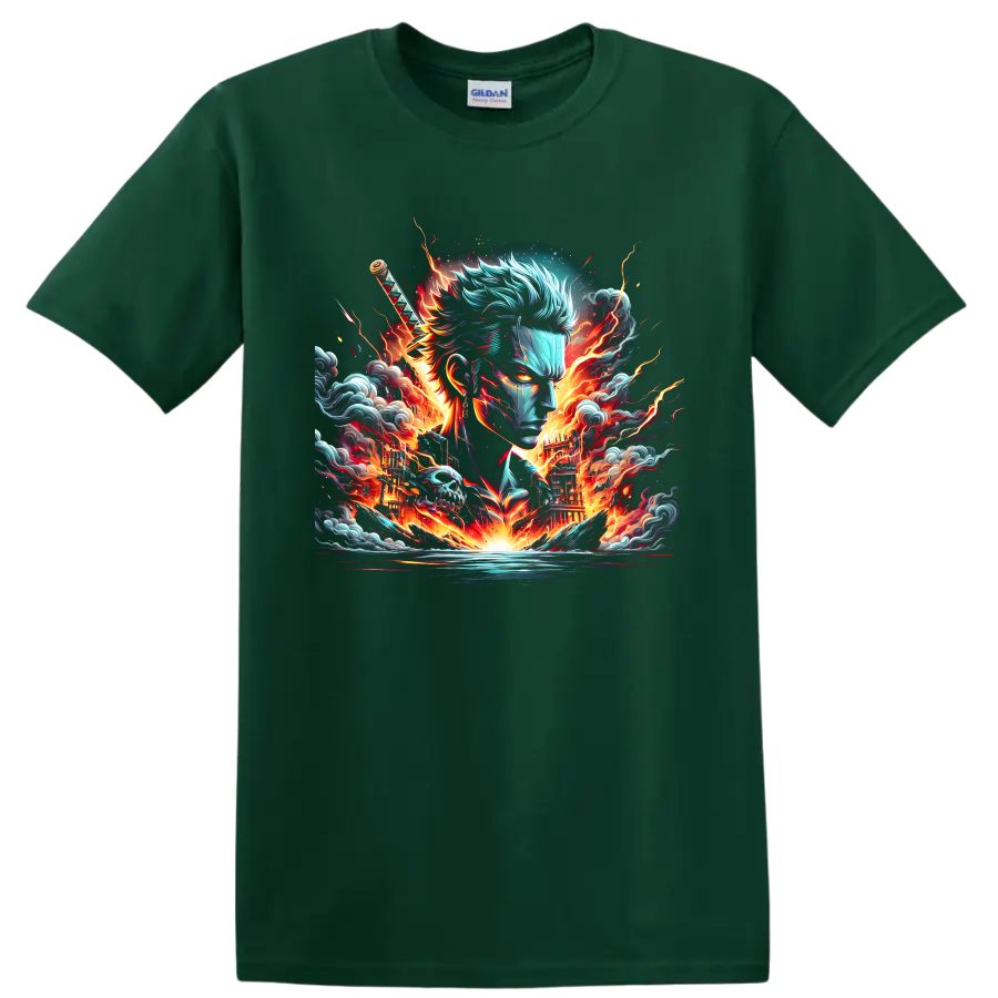 Roronoa Zoro anime swordsman portrait with katana, flames, waves, and lightning on a Forest Green T Shirt