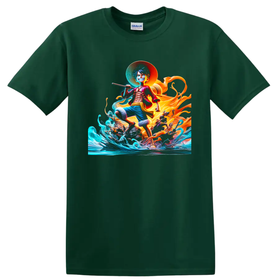 Monkey D. Luffy One Piece anime art with ocean waves and swirling golden energy on a Forest Green T Shirt