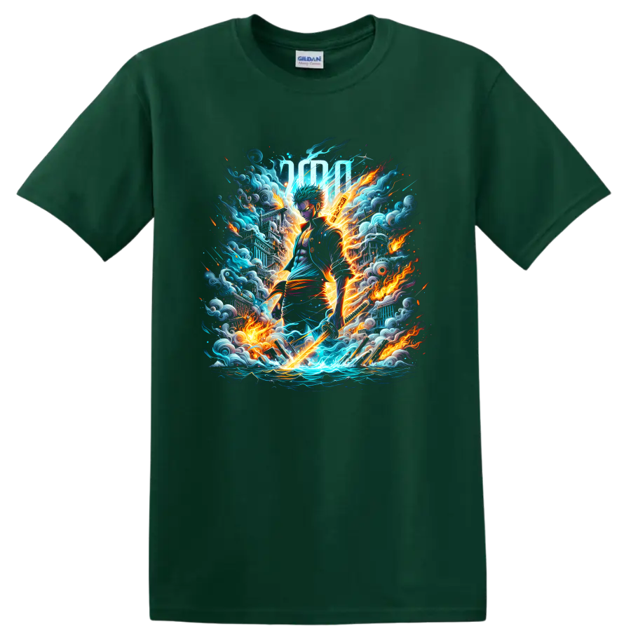 Roronoa Zoro three-sword anime warrior with fiery waves and electric action art on a Forest Green T Shirt