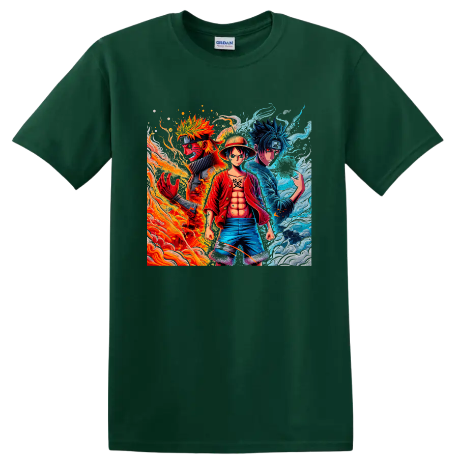 Naruto, Luffy, and Sasuke anime character art with fiery and icy energy on a Forest Green T Shirt
