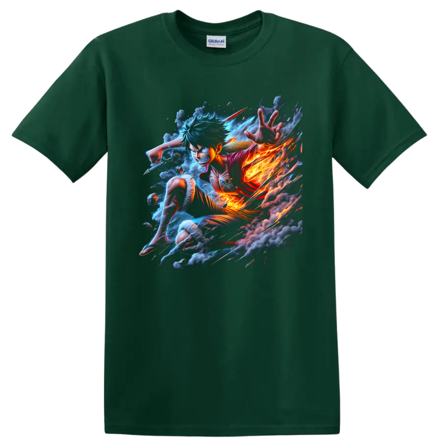 Monkey D. Luffy in fiery anime action with storm clouds and straw hat on a Forest Green T Shirt