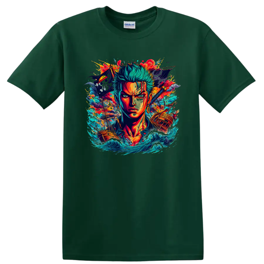Roronoa Zoro anime portrait with pirate ships, katana, waves, and fiery battle effects on a Forest Green T Shirt